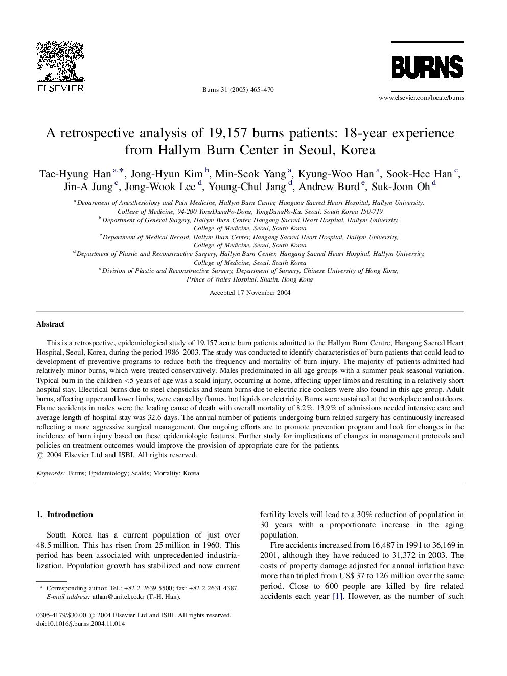 A retrospective analysis of 19,157 burns patients: 18-year experience from Hallym Burn Center in Seoul, Korea