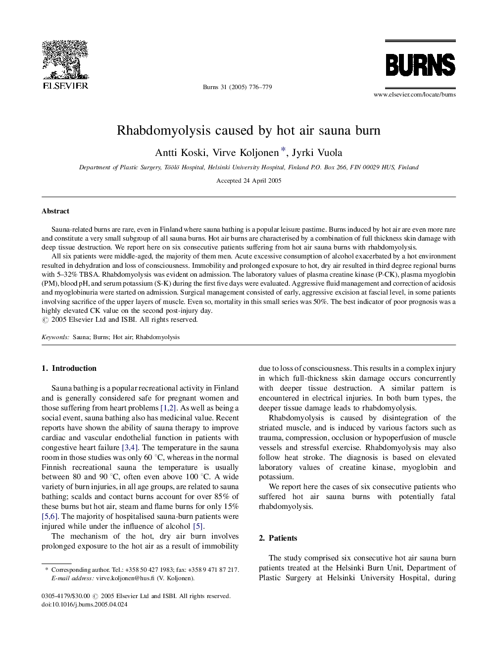 Rhabdomyolysis caused by hot air sauna burn