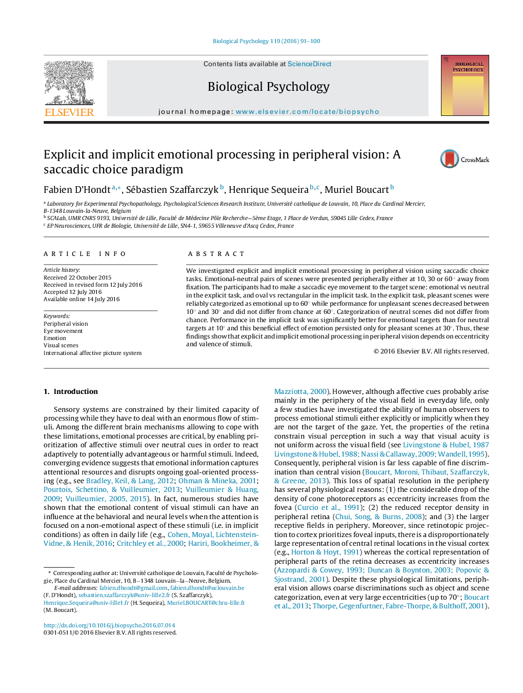 Explicit and implicit emotional processing in peripheral vision: A saccadic choice paradigm