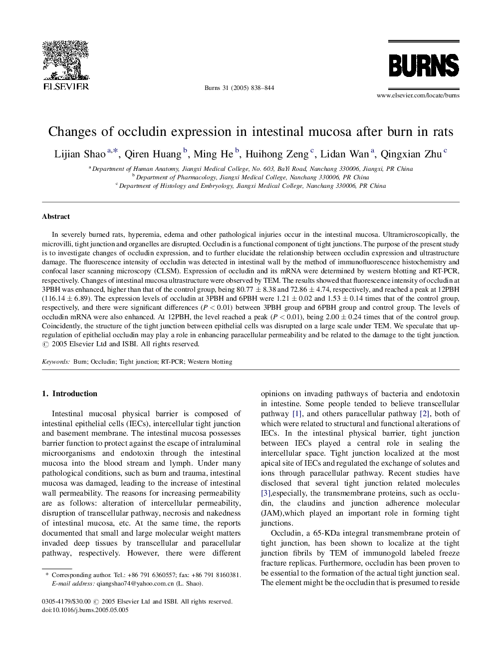 Changes of occludin expression in intestinal mucosa after burn in rats