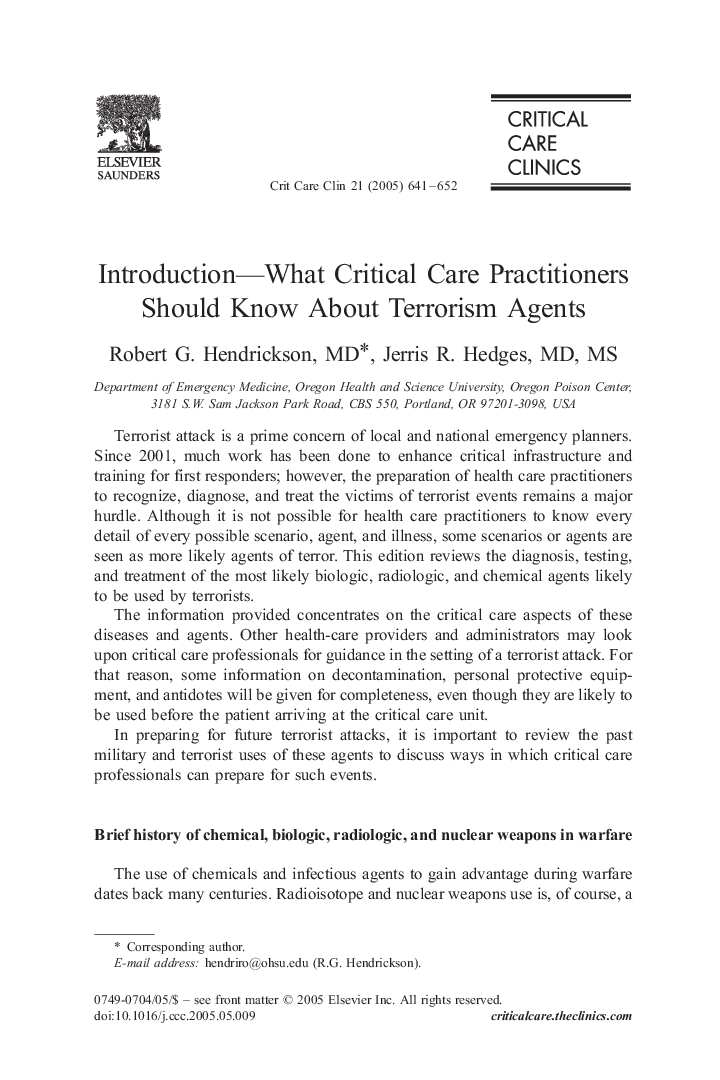 Introduction-What Critical Care Practitioners Should Know About Terrorism Agents