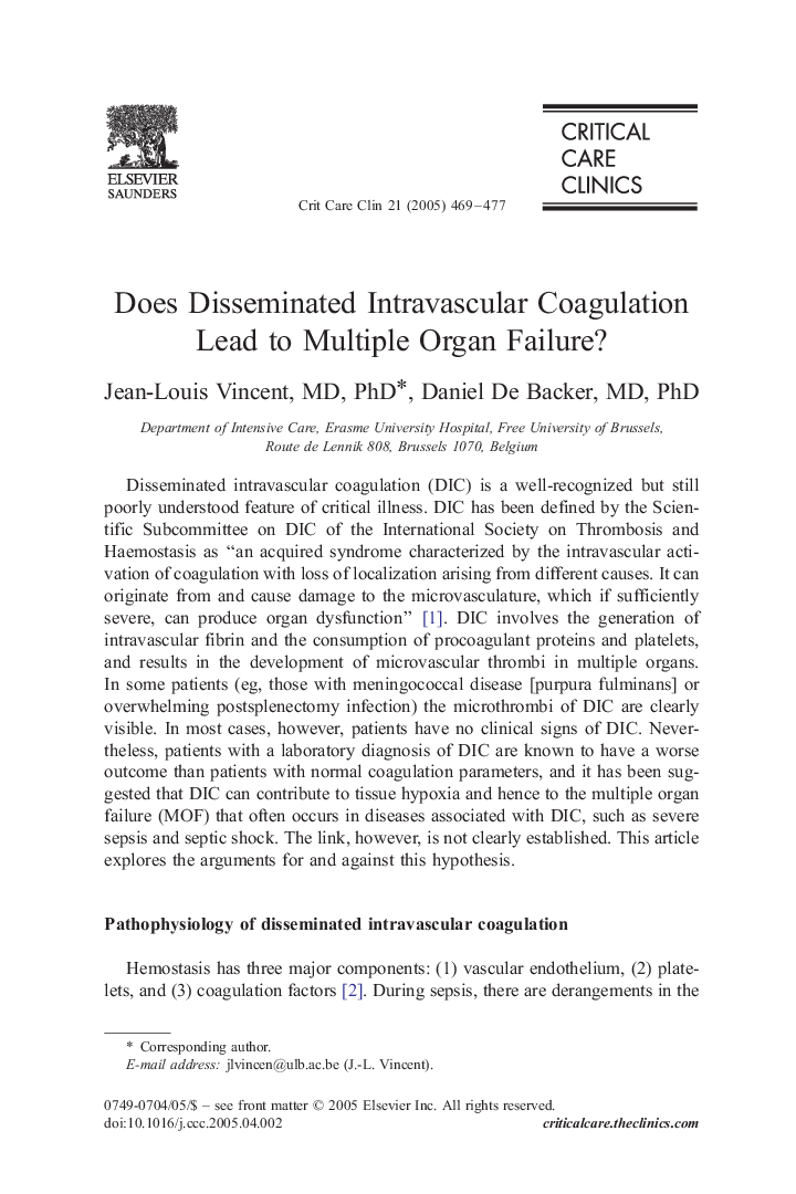 Does Disseminated Intravascular Coagulation Lead to Multiple Organ Failure?