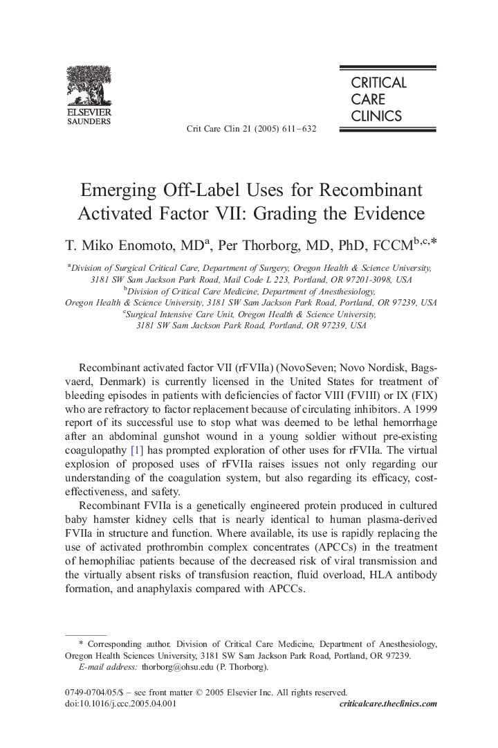 Emerging Off-Label Uses for Recombinant Activated Factor VII: Grading the Evidence