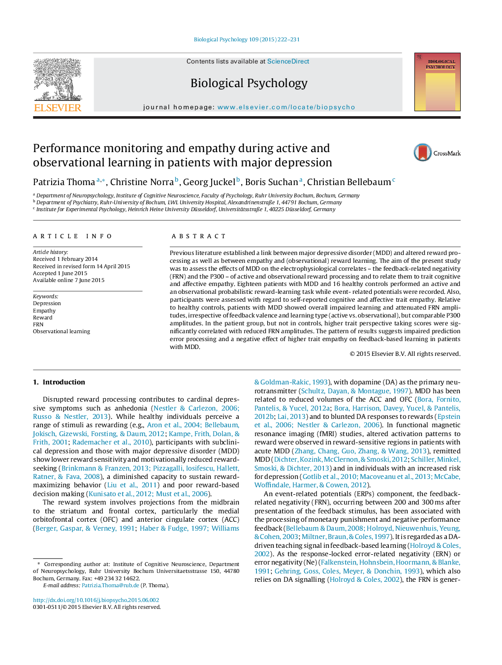 Performance monitoring and empathy during active and observational learning in patients with major depression