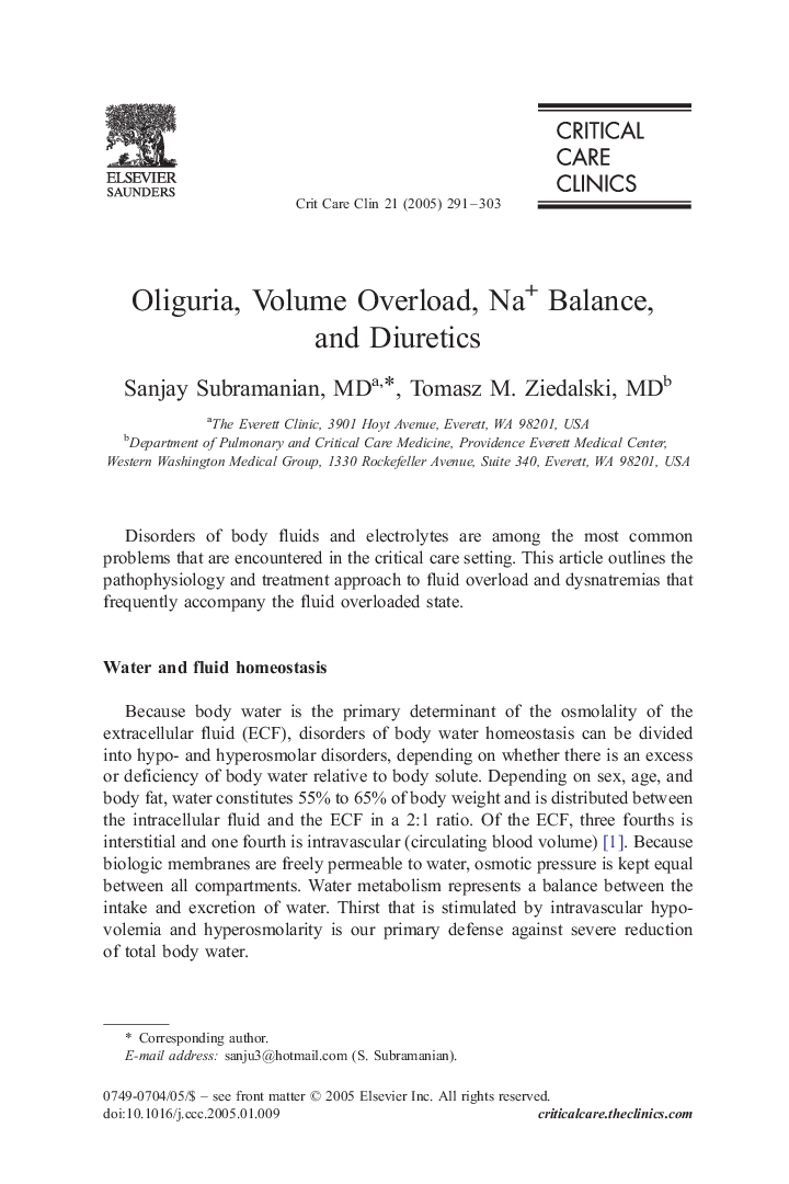 Oliguria, Volume Overload, Na+ Balance, and Diuretics