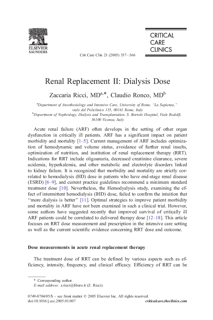 Renal Replacement II: Dialysis Dose