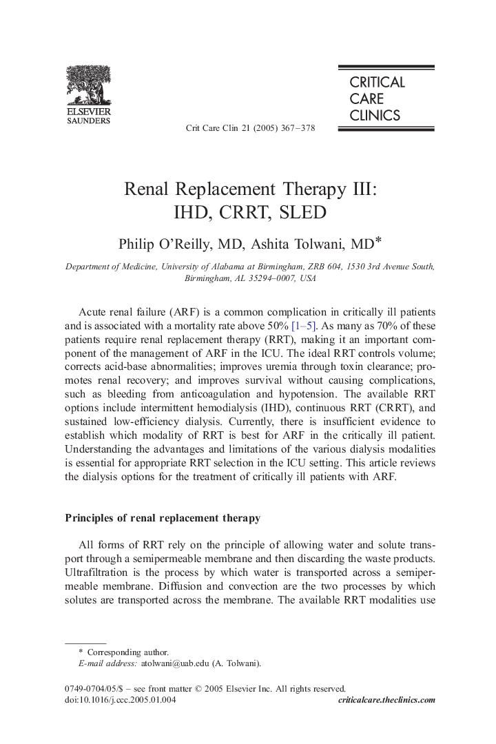 Renal Replacement Therapy III: IHD, CRRT, SLED