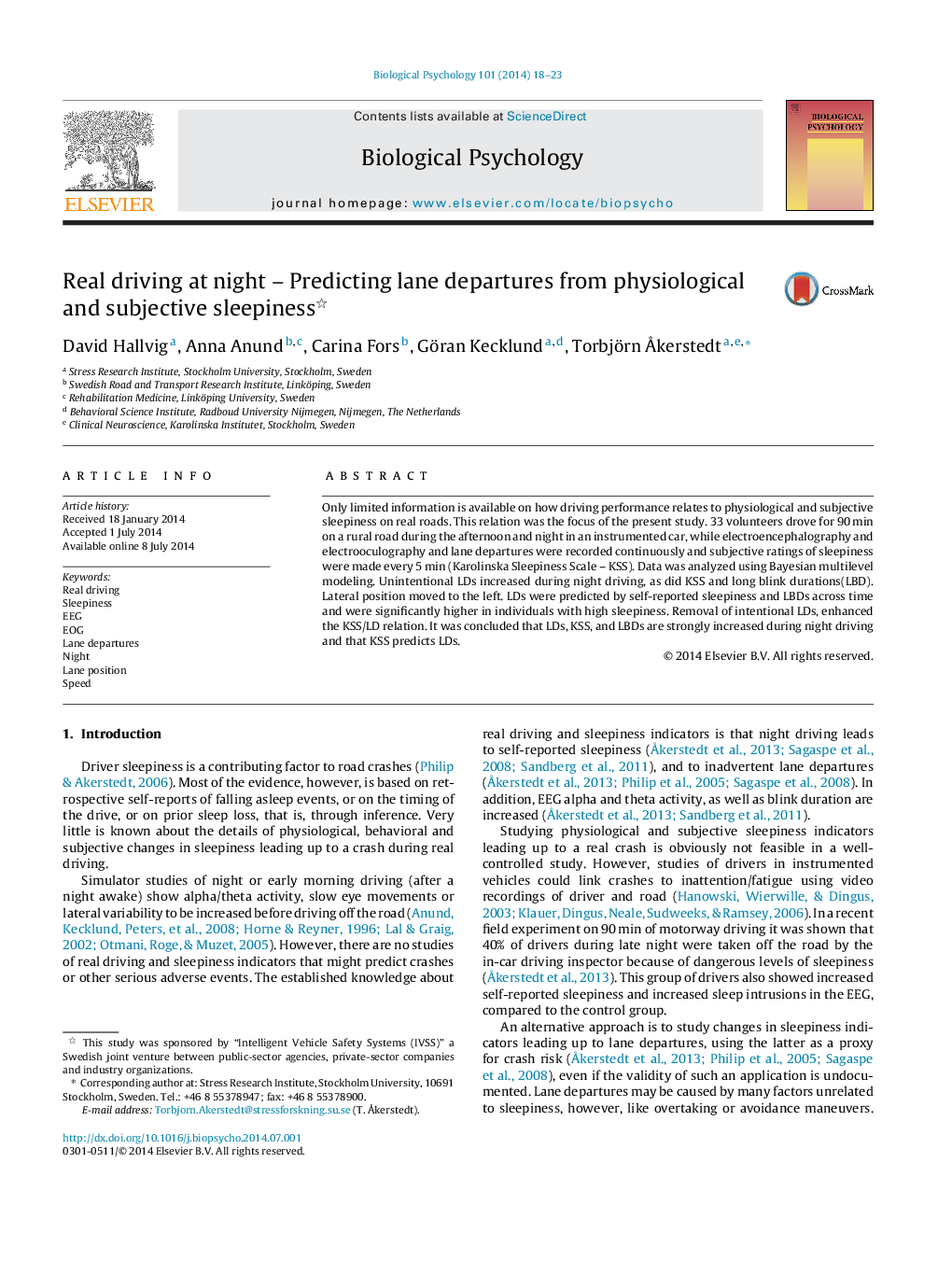 Real driving at night – Predicting lane departures from physiological and subjective sleepiness 