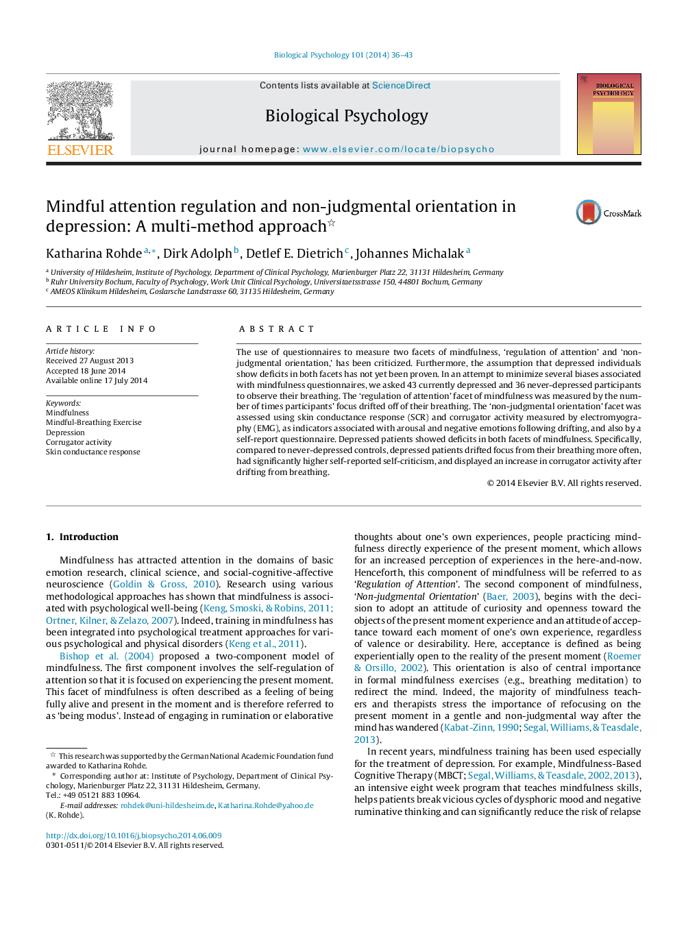 Mindful attention regulation and non-judgmental orientation in depression: A multi-method approach 