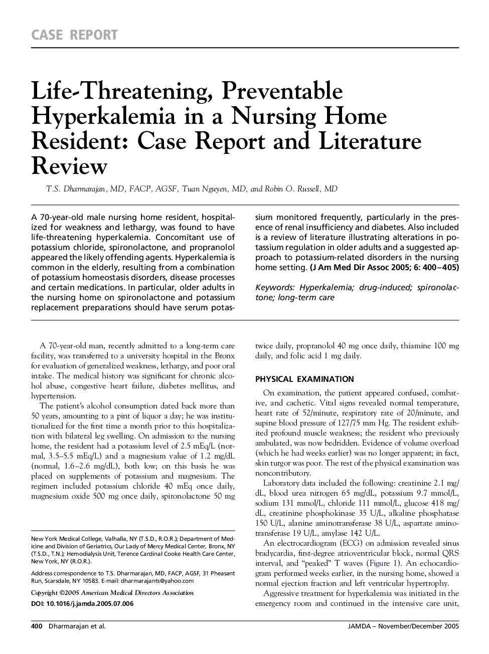 Life-Threatening, Preventable Hyperkalemia in a Nursing Home Resident: Case Report and Literature Review