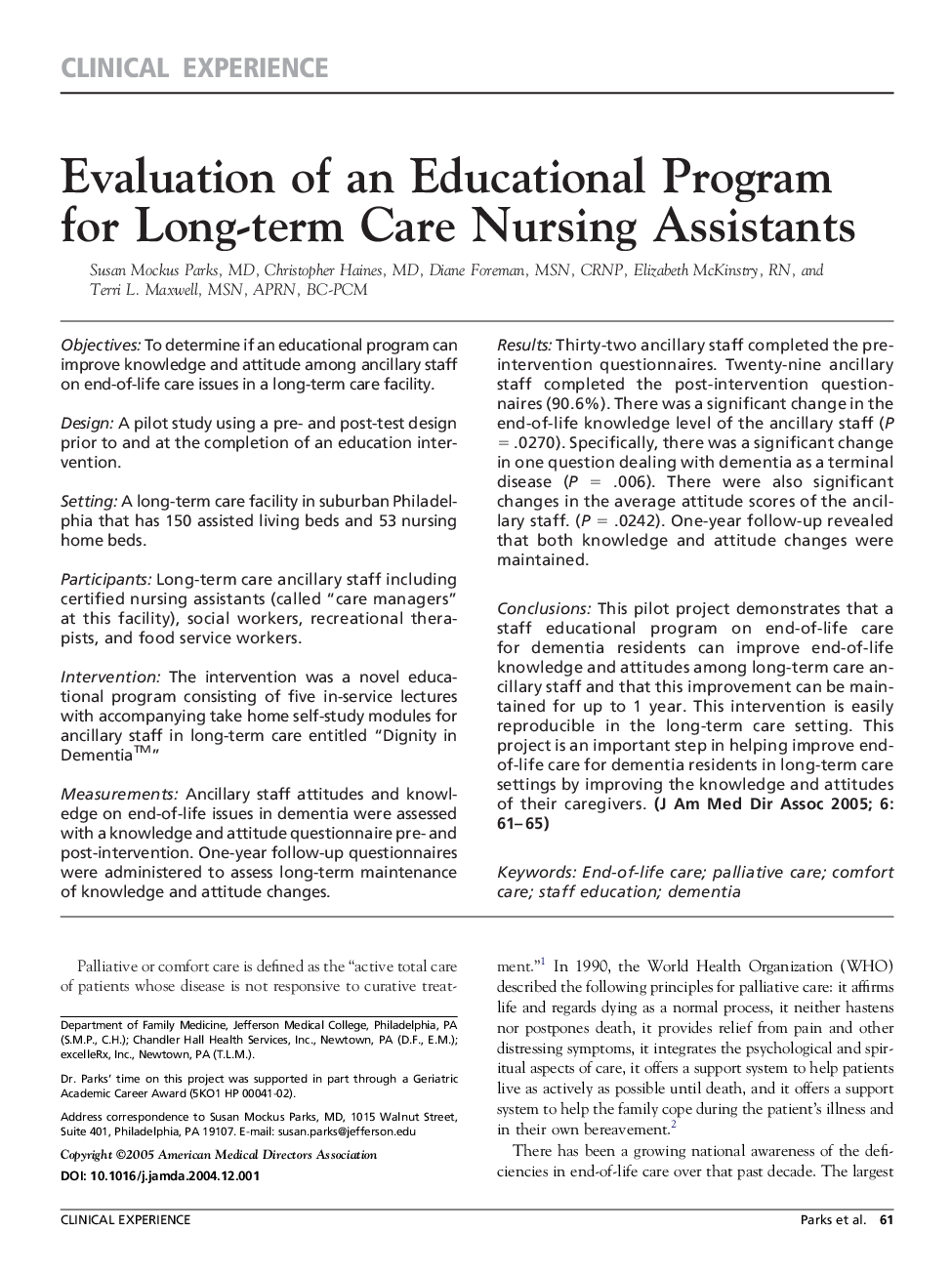 Evaluation of an educational program for long-term care nursing assistants