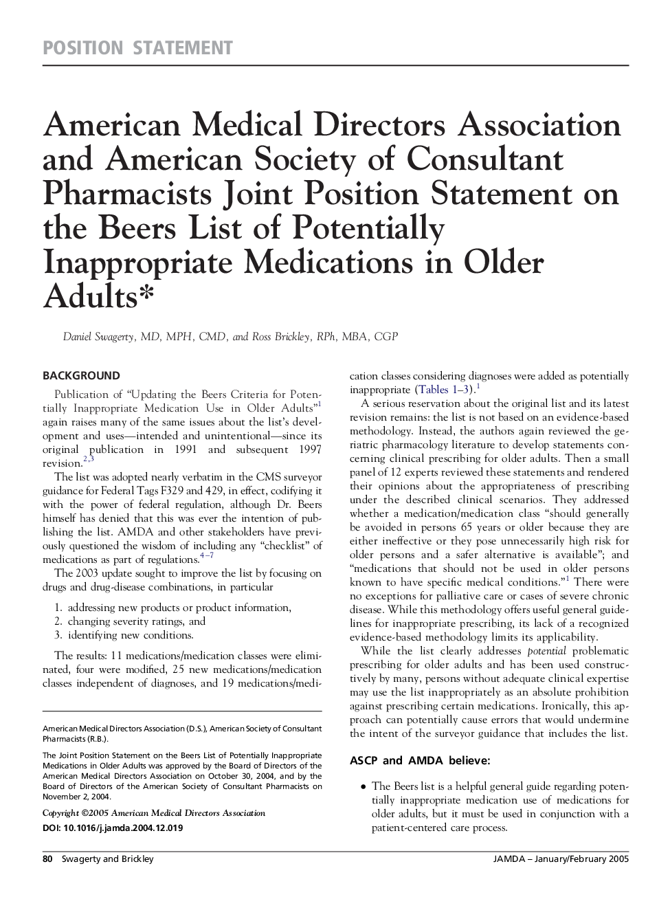 عکس صفحه اول مقاله: American Medical Directors Association and American Society of Consultant Pharmacists Joint Position Statement on the Beers List of Potentially Inappropriate Medications in Older Adults* American Medical Directors Association and American Society of Consultant Pharmacists Joint Position Statement on the Beers List of Potentially Inappropriate Medications in Older Adults*