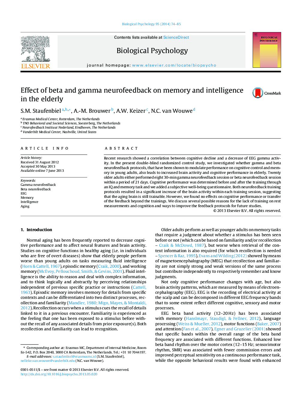 Effect of beta and gamma neurofeedback on memory and intelligence in the elderly