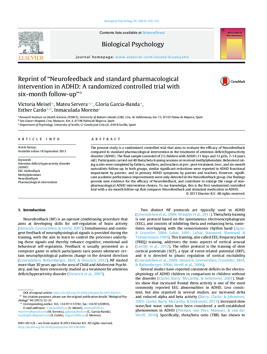 Reprint of “Neurofeedback and standard pharmacological intervention in ADHD: A randomized controlled trial with six-month follow-up” 