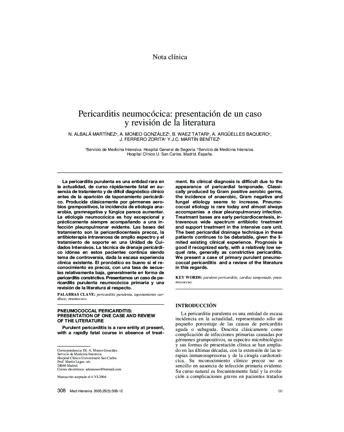 Pericarditis neumocócica: presentación de un caso y revisión de la literatura