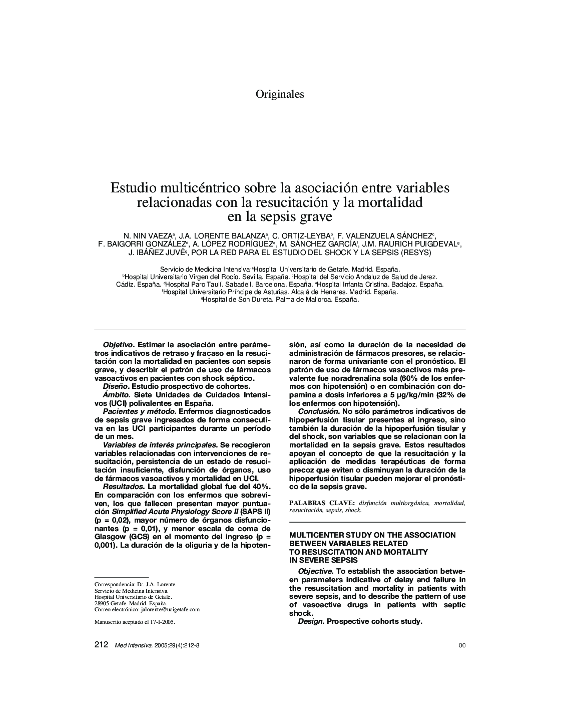 Estudio multicéntrico sobre la asociación entre variables relacionadas con la resucitación y la mortalidad en la sepsis grave