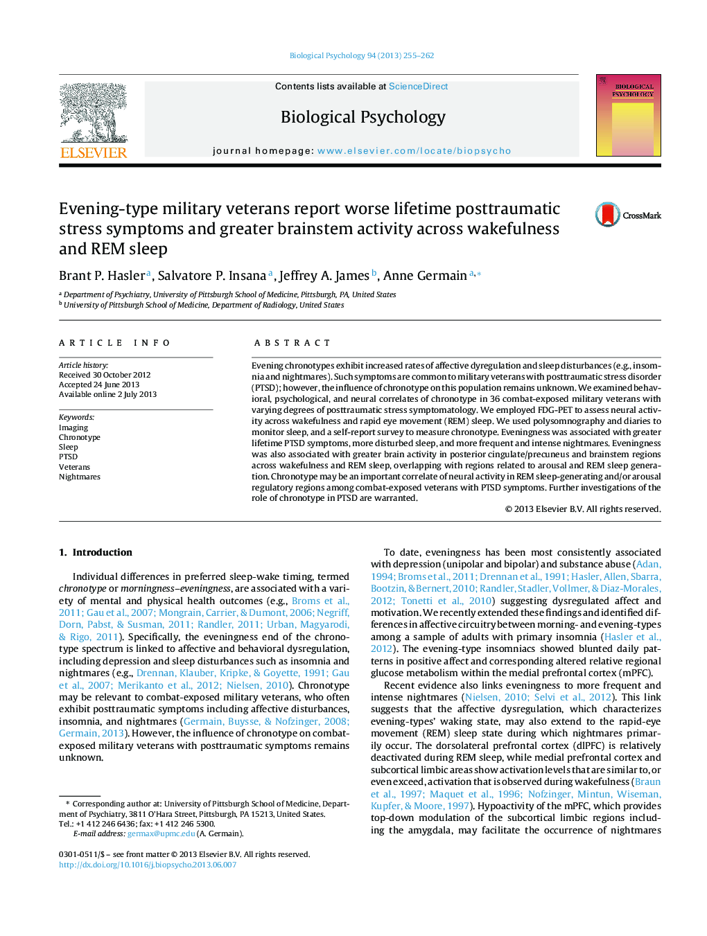 Evening-type military veterans report worse lifetime posttraumatic stress symptoms and greater brainstem activity across wakefulness and REM sleep