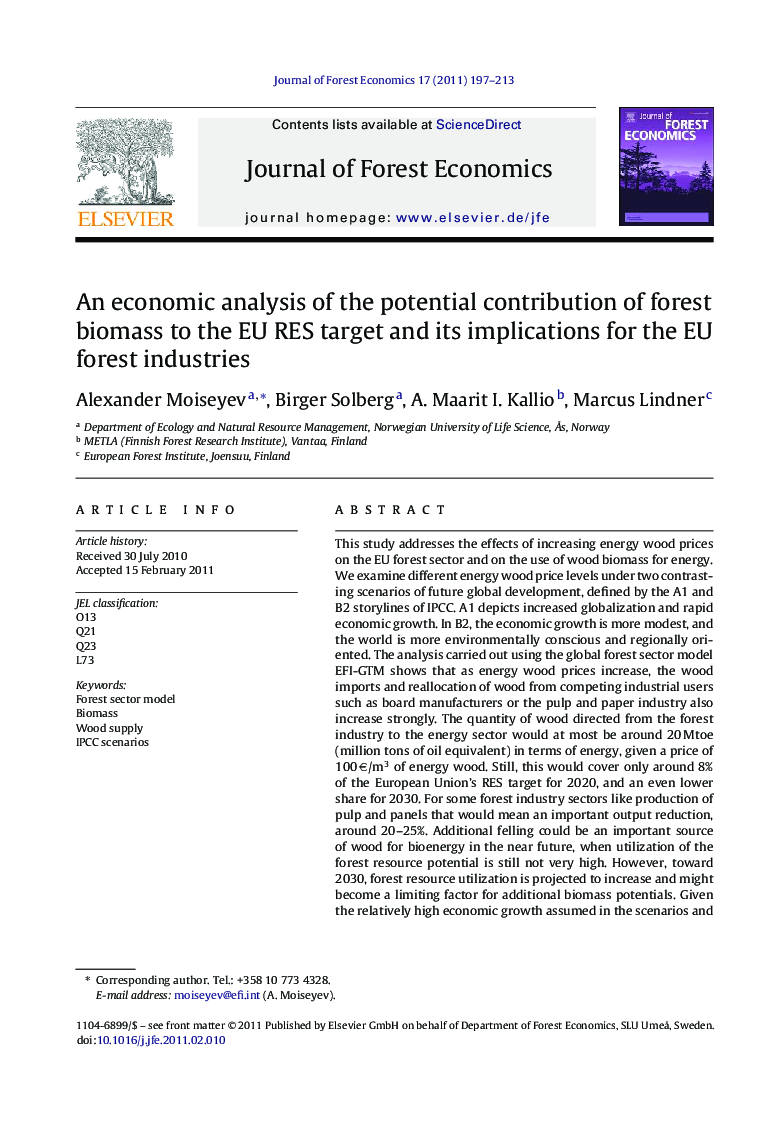 An economic analysis of the potential contribution of forest biomass to the EU RES target and its implications for the EU forest industries