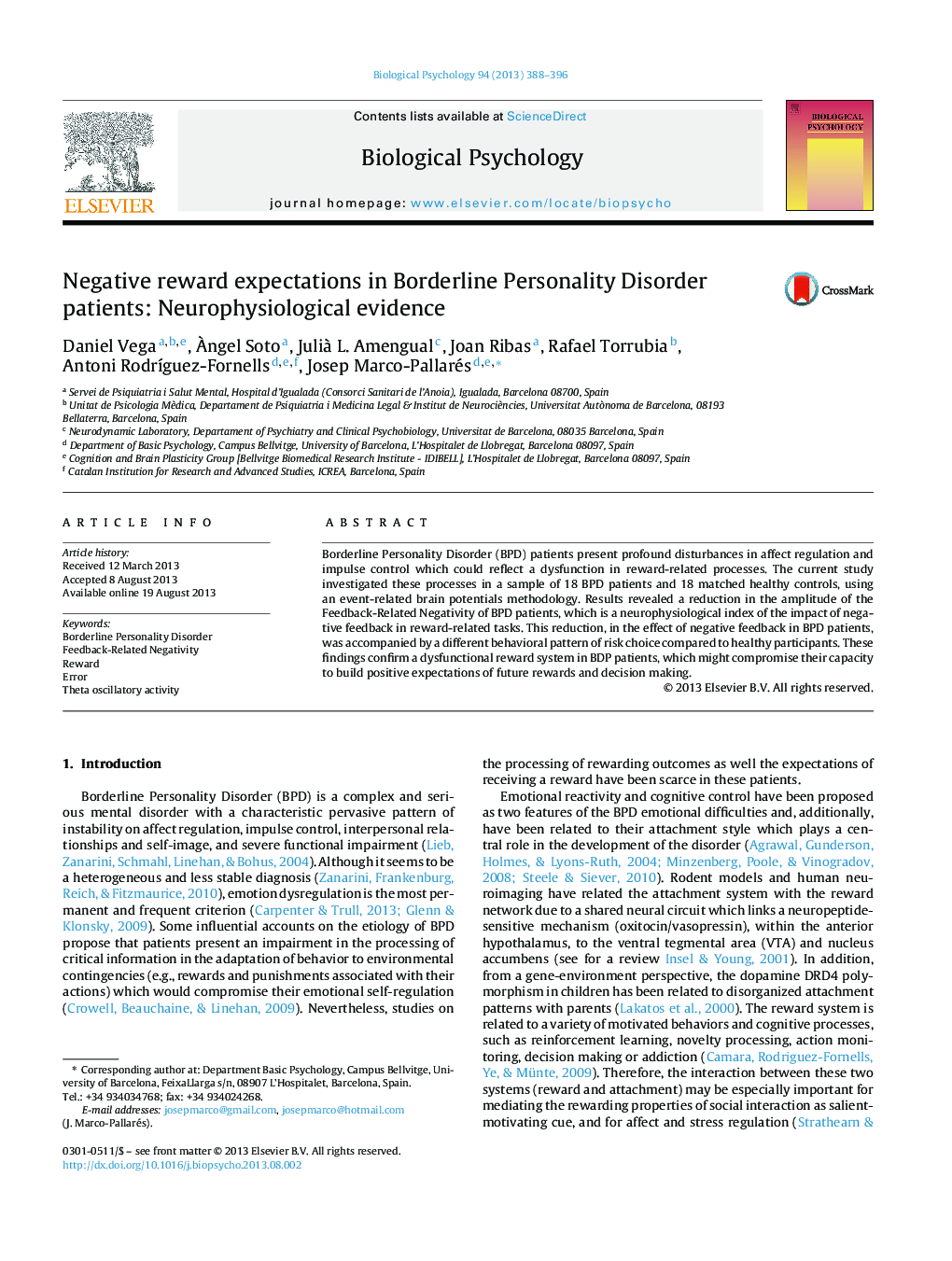 Negative reward expectations in Borderline Personality Disorder patients: Neurophysiological evidence