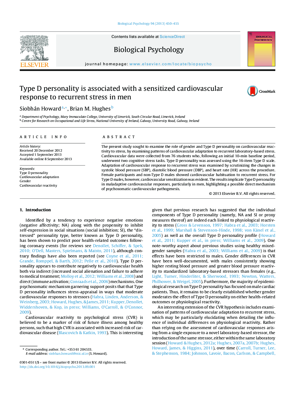 Type D personality is associated with a sensitized cardiovascular response to recurrent stress in men