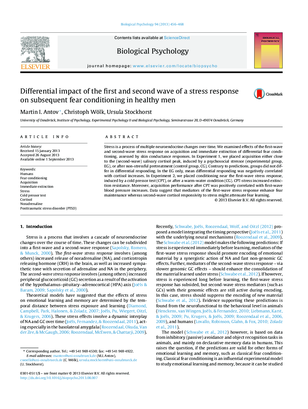 Differential impact of the first and second wave of a stress response on subsequent fear conditioning in healthy men