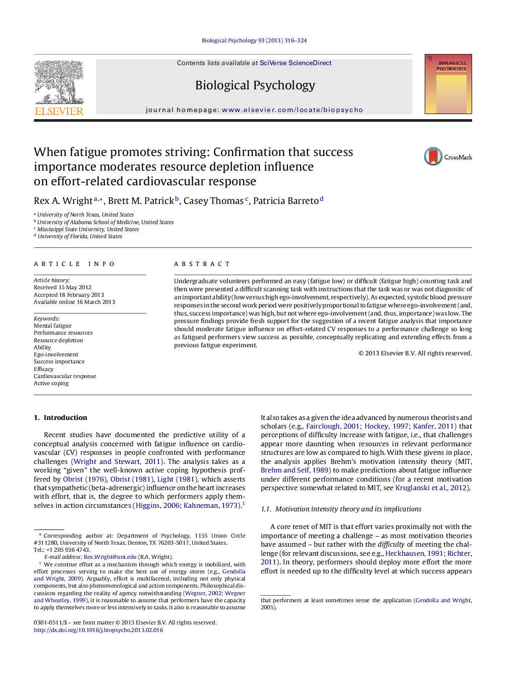 When fatigue promotes striving: Confirmation that success importance moderates resource depletion influence on effort-related cardiovascular response