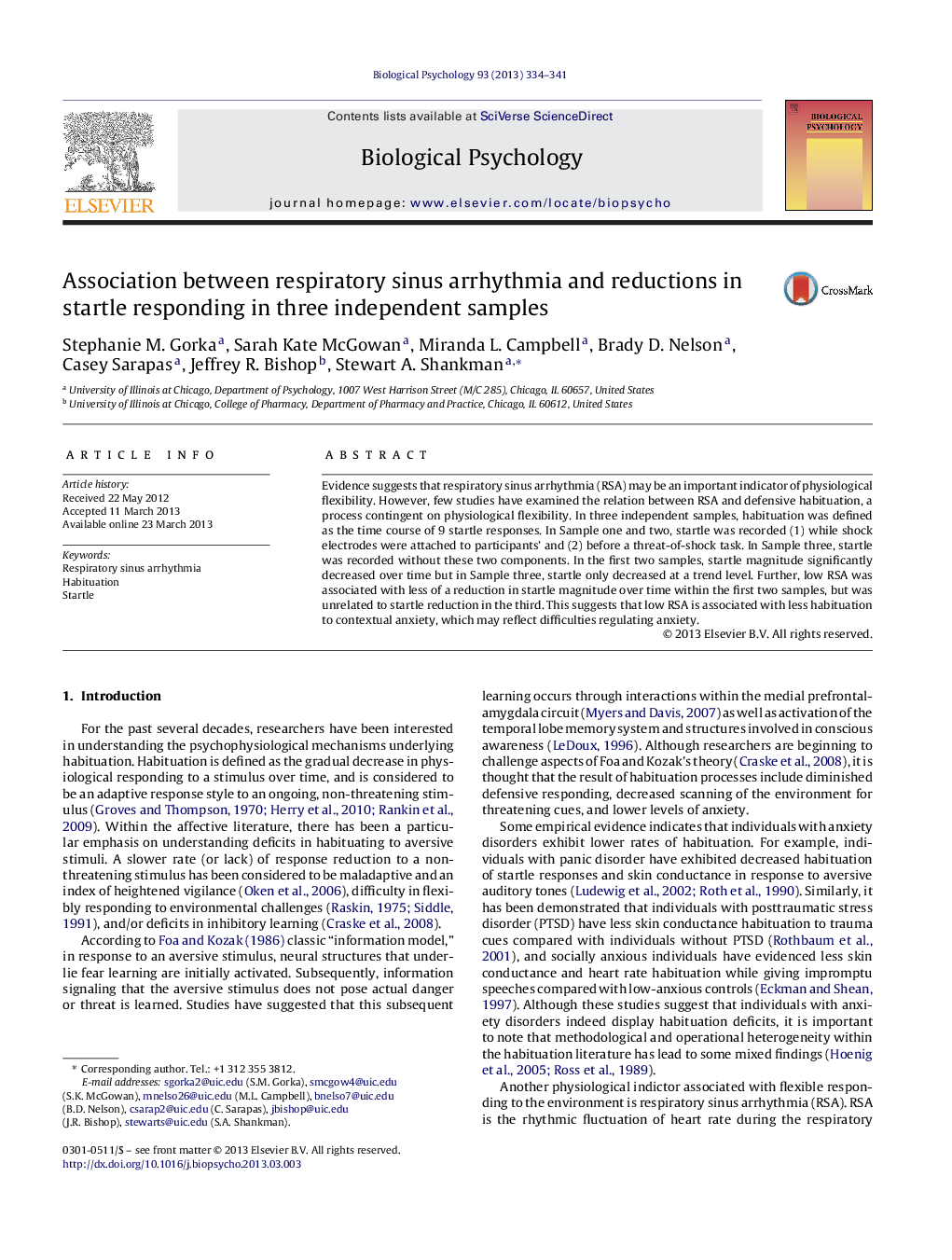 Association between respiratory sinus arrhythmia and reductions in startle responding in three independent samples