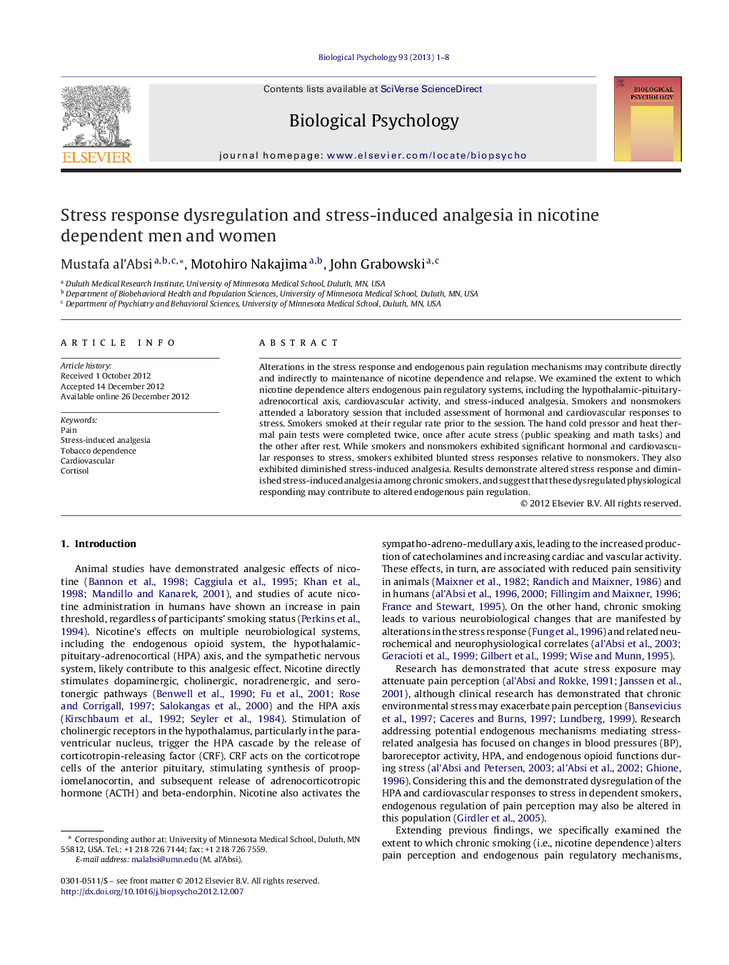 Stress response dysregulation and stress-induced analgesia in nicotine dependent men and women