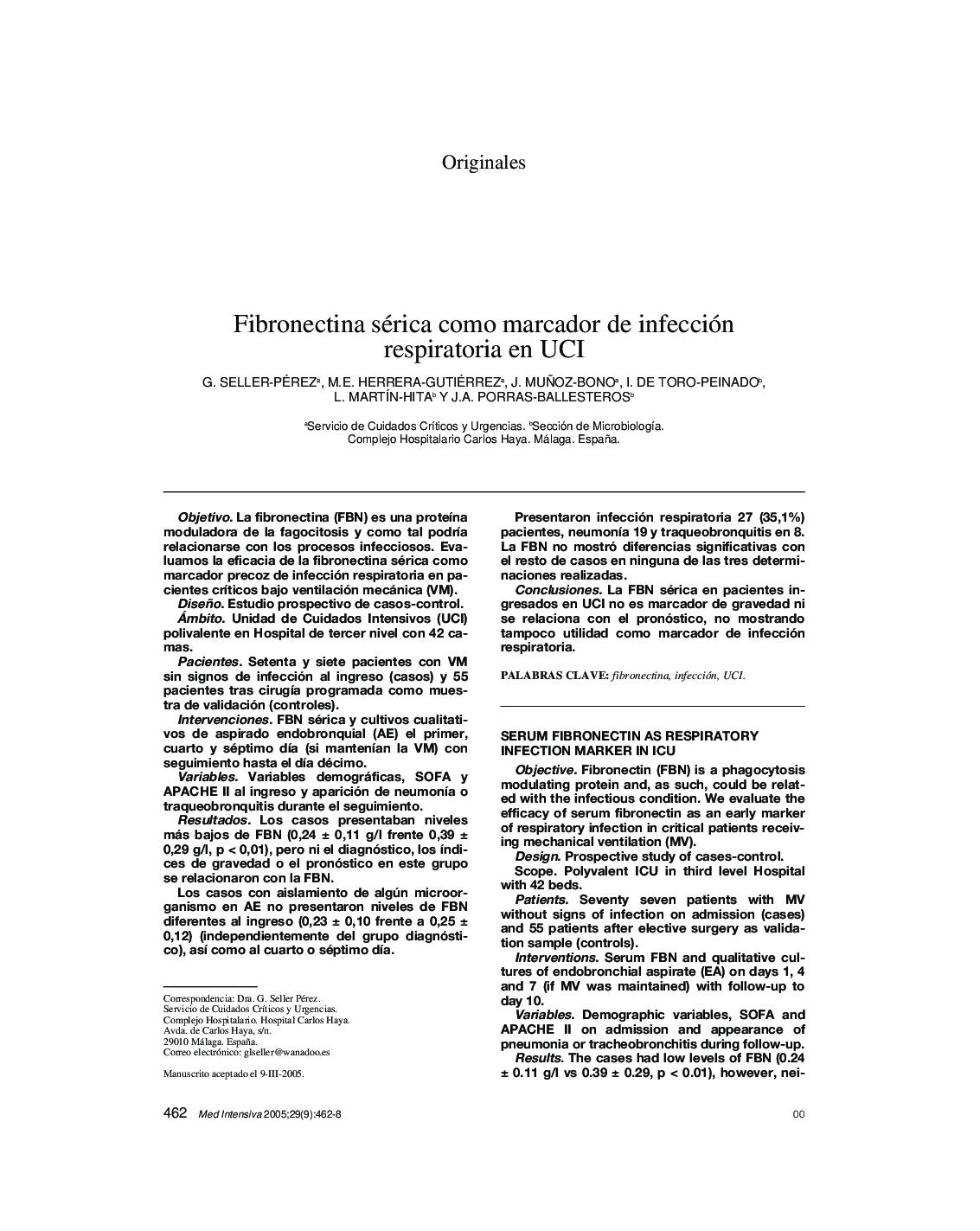 Fibronectina sérica como marcador de infección respiratoria en UCI