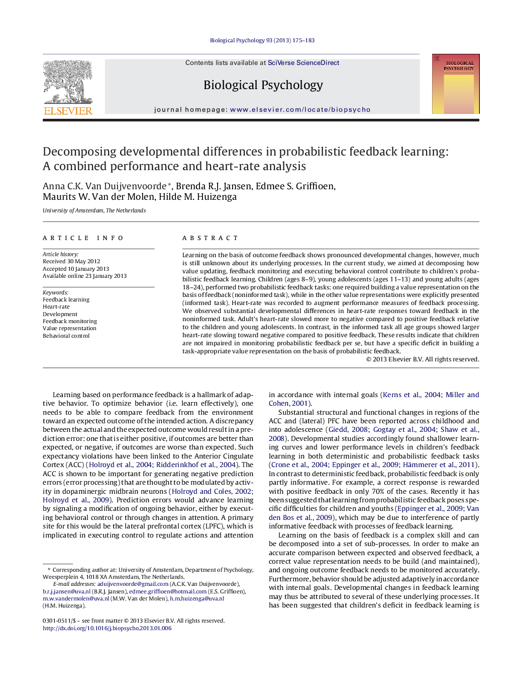 Decomposing developmental differences in probabilistic feedback learning: A combined performance and heart-rate analysis