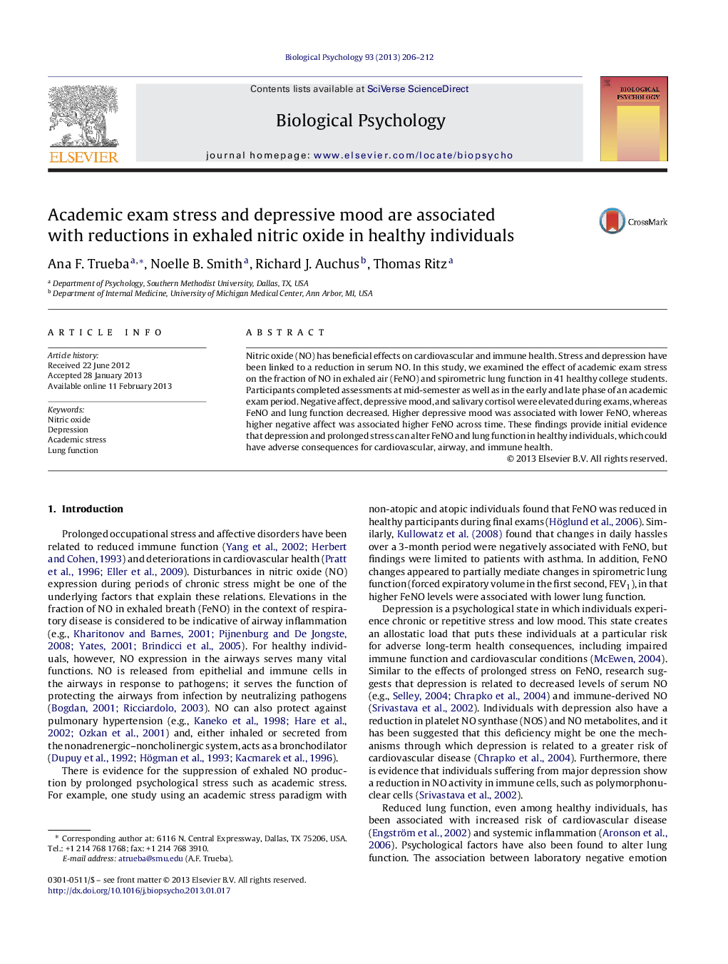 Academic exam stress and depressive mood are associated with reductions in exhaled nitric oxide in healthy individuals