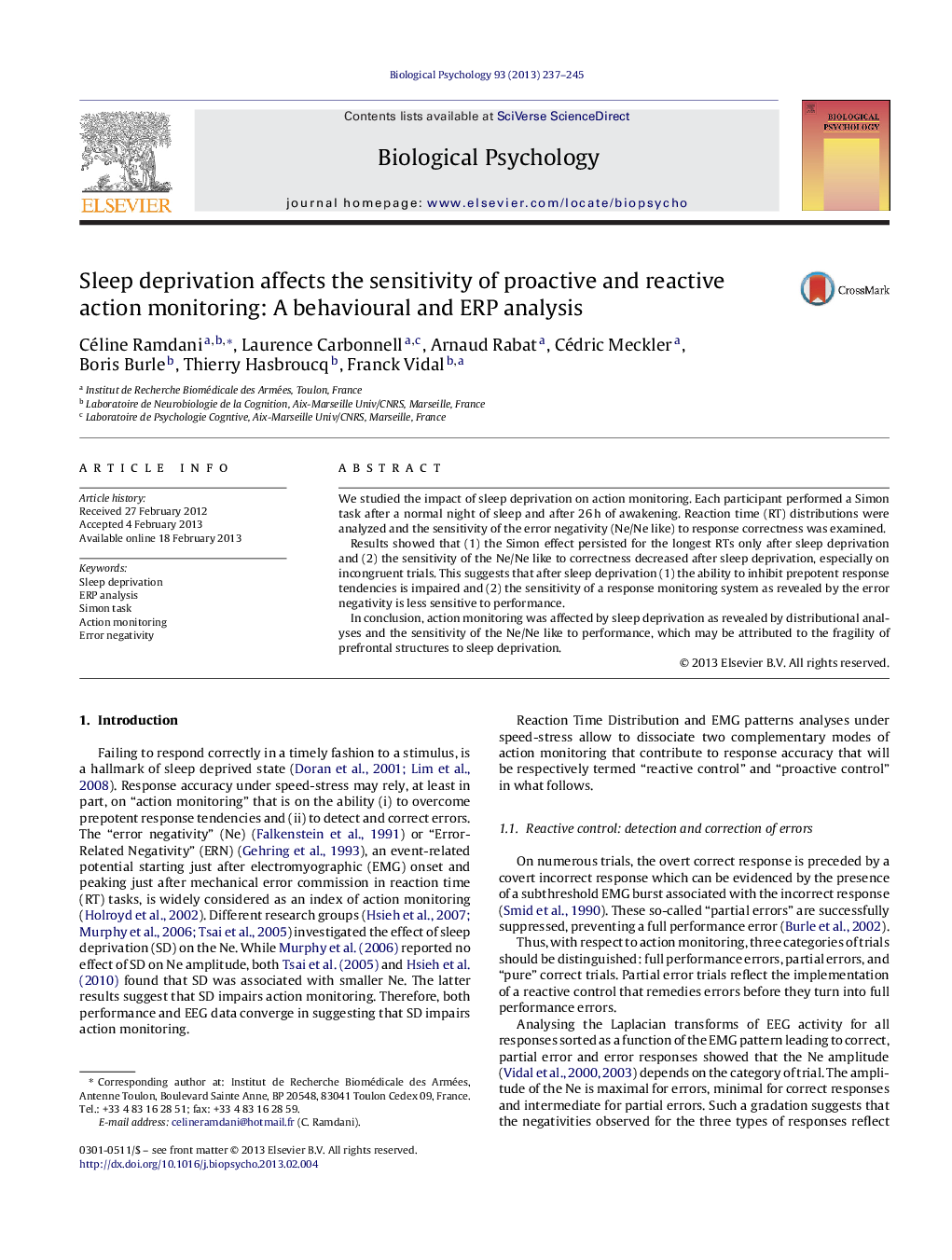 Sleep deprivation affects the sensitivity of proactive and reactive action monitoring: A behavioural and ERP analysis