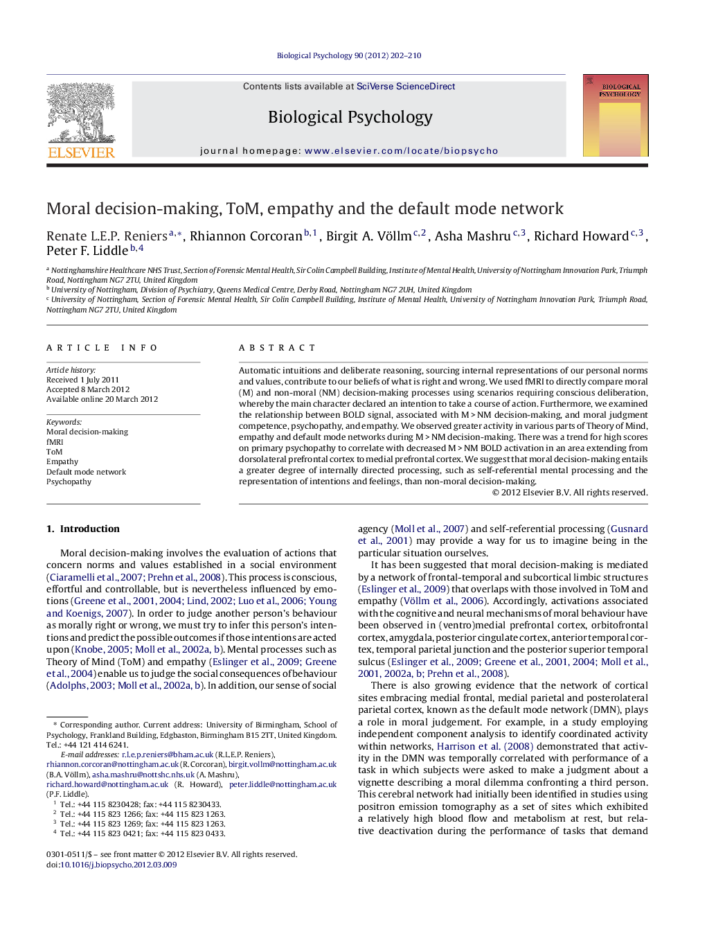 Moral decision-making, ToM, empathy and the default mode network