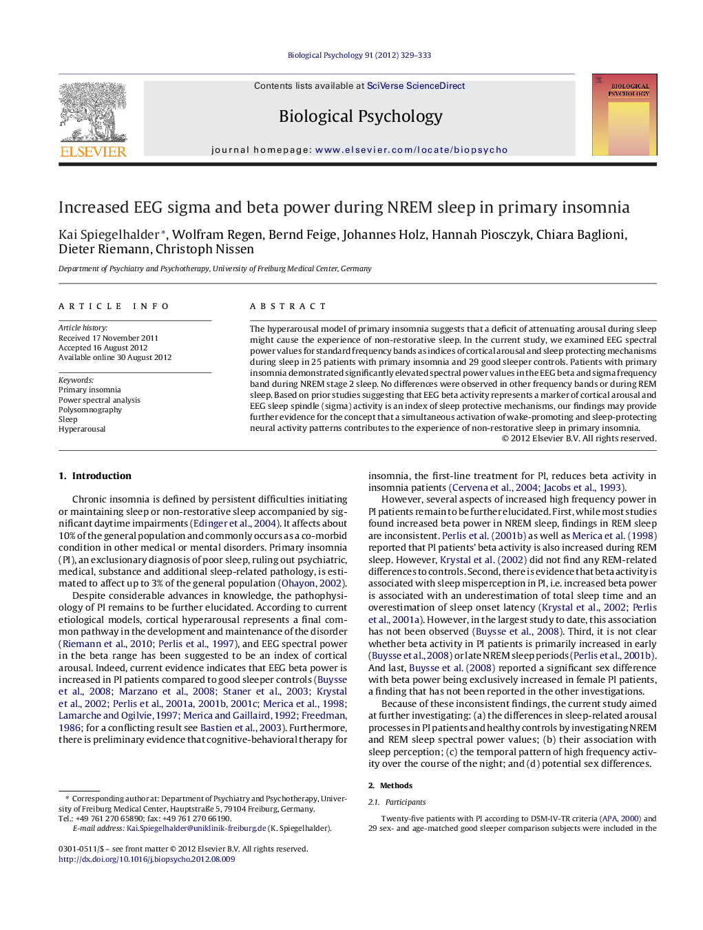 Increased EEG sigma and beta power during NREM sleep in primary insomnia