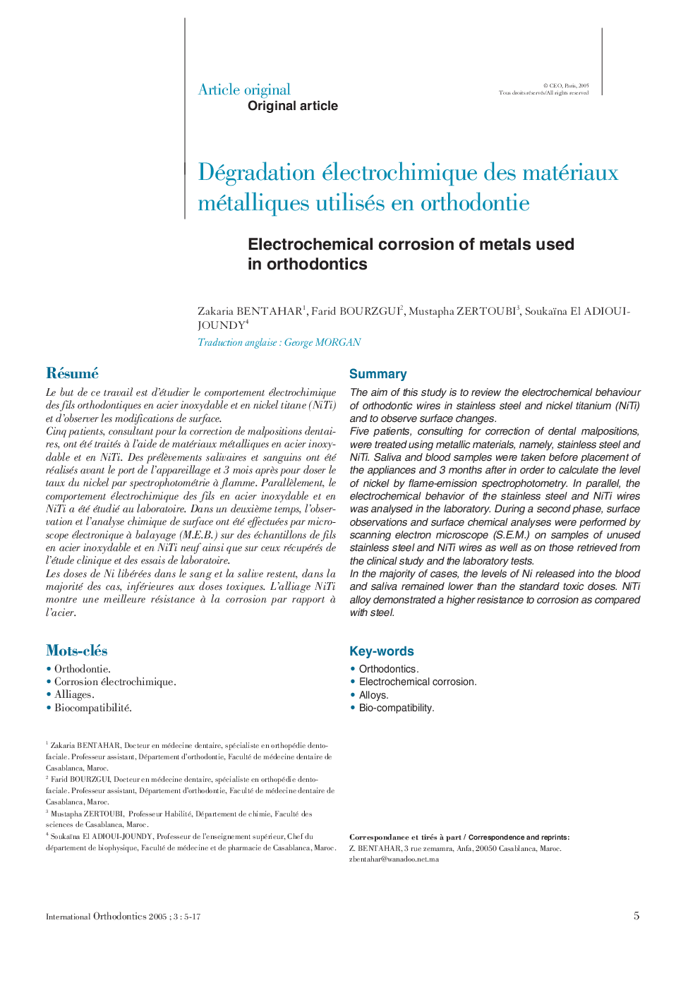 Dégradation électrochimique des matériaux métalliques utilisés en orthodontie