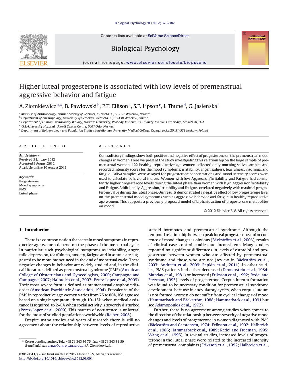 Higher luteal progesterone is associated with low levels of premenstrual aggressive behavior and fatigue