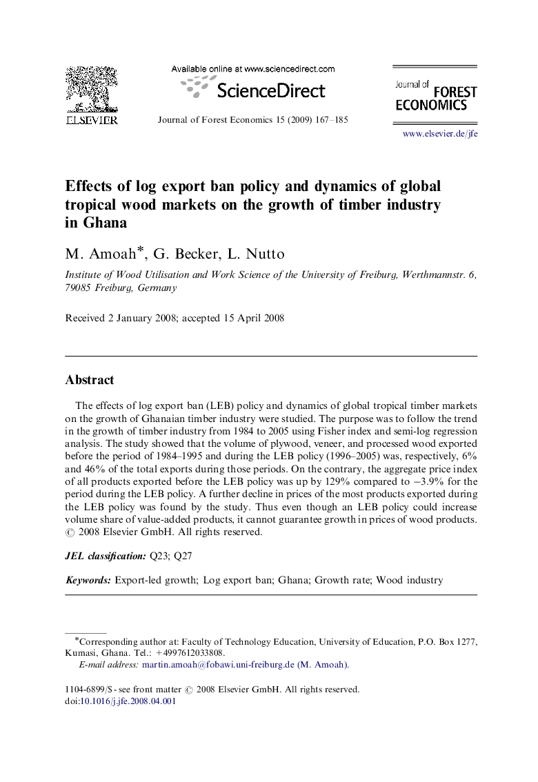 Effects of log export ban policy and dynamics of global tropical wood markets on the growth of timber industry in Ghana