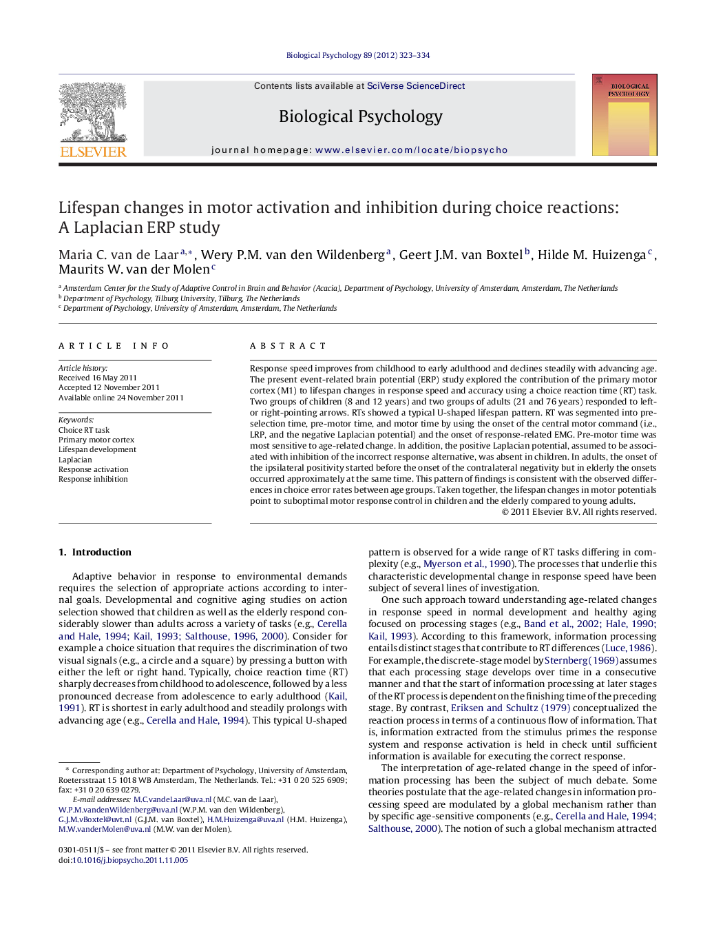 Lifespan changes in motor activation and inhibition during choice reactions: A Laplacian ERP study