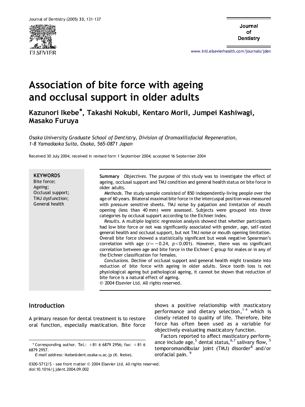 Association of bite force with ageing and occlusal support in older adults