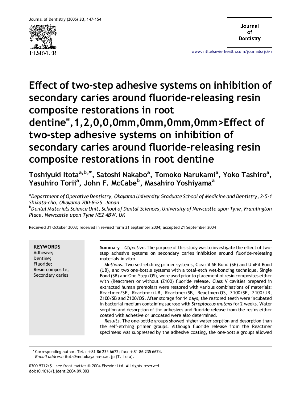 Effect of two-step adhesive systems on inhibition of secondary caries around fluoride-releasing resin composite restorations in root dentine