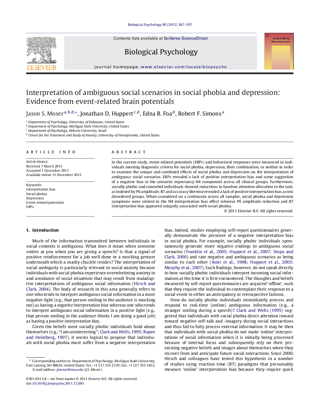 Interpretation of ambiguous social scenarios in social phobia and depression: Evidence from event-related brain potentials