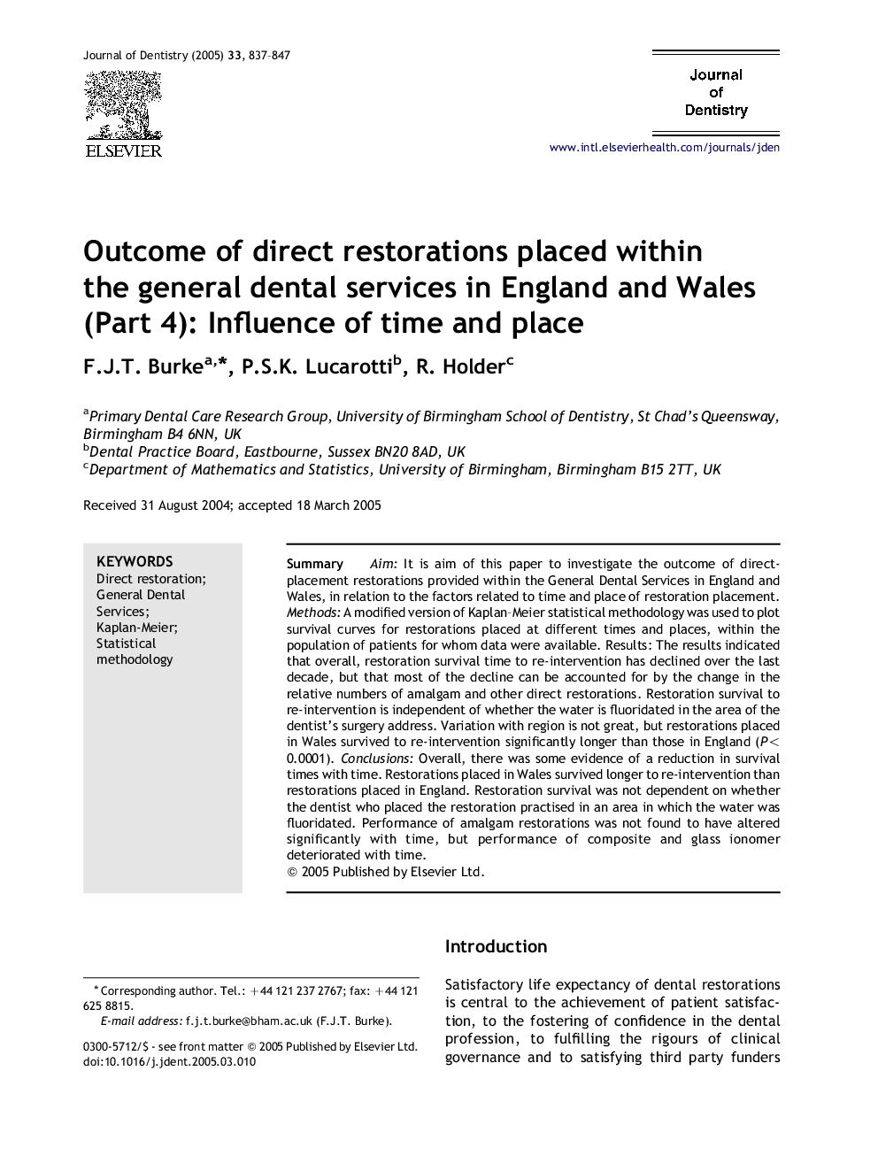 Outcome of direct restorations placed within the general dental services in England and Wales (Part 4): Influence of time and place