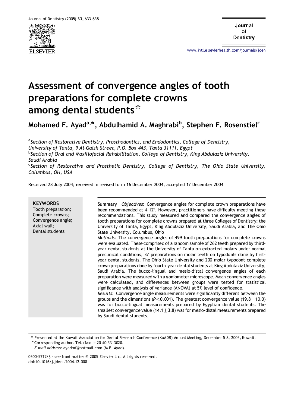 Assessment of convergence angles of tooth preparations for complete crowns among dental students