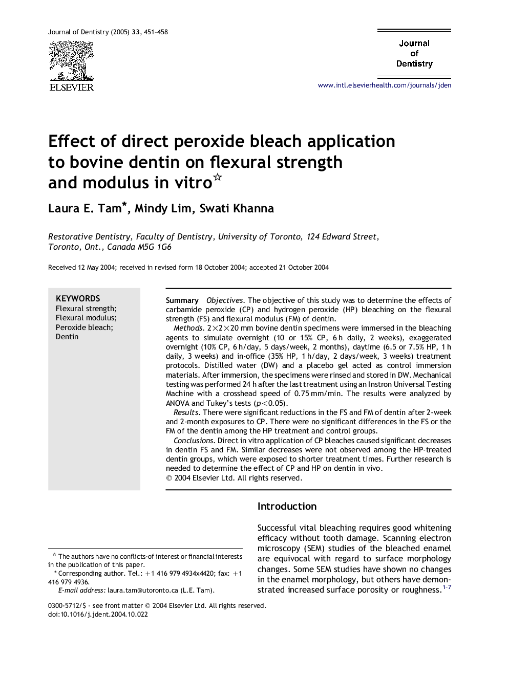 Effect of direct peroxide bleach application to bovine dentin on flexural strength and modulus in vitro