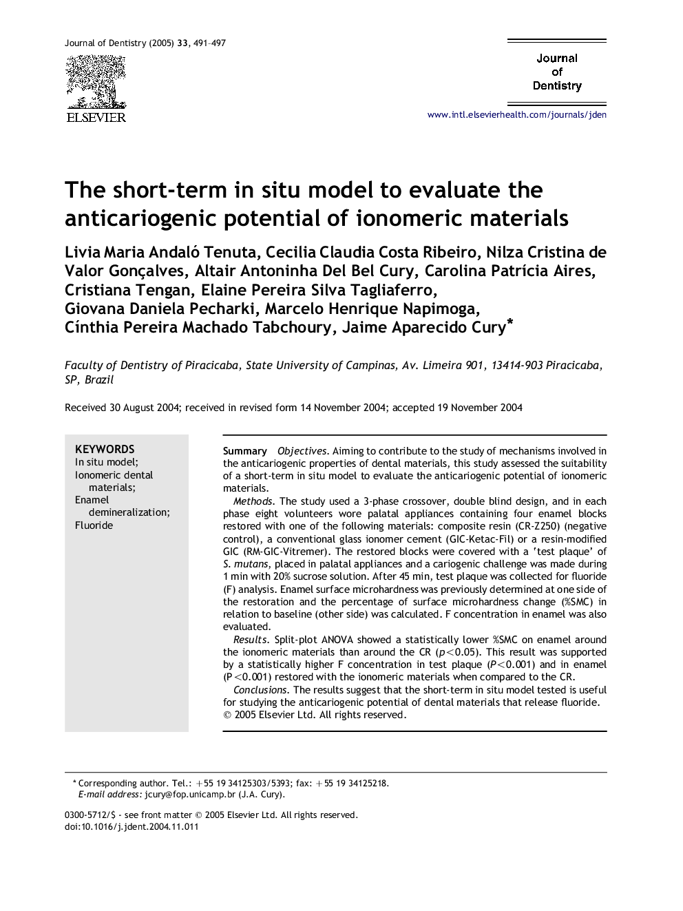 The short-term in situ model to evaluate the anticariogenic potential of ionomeric materials