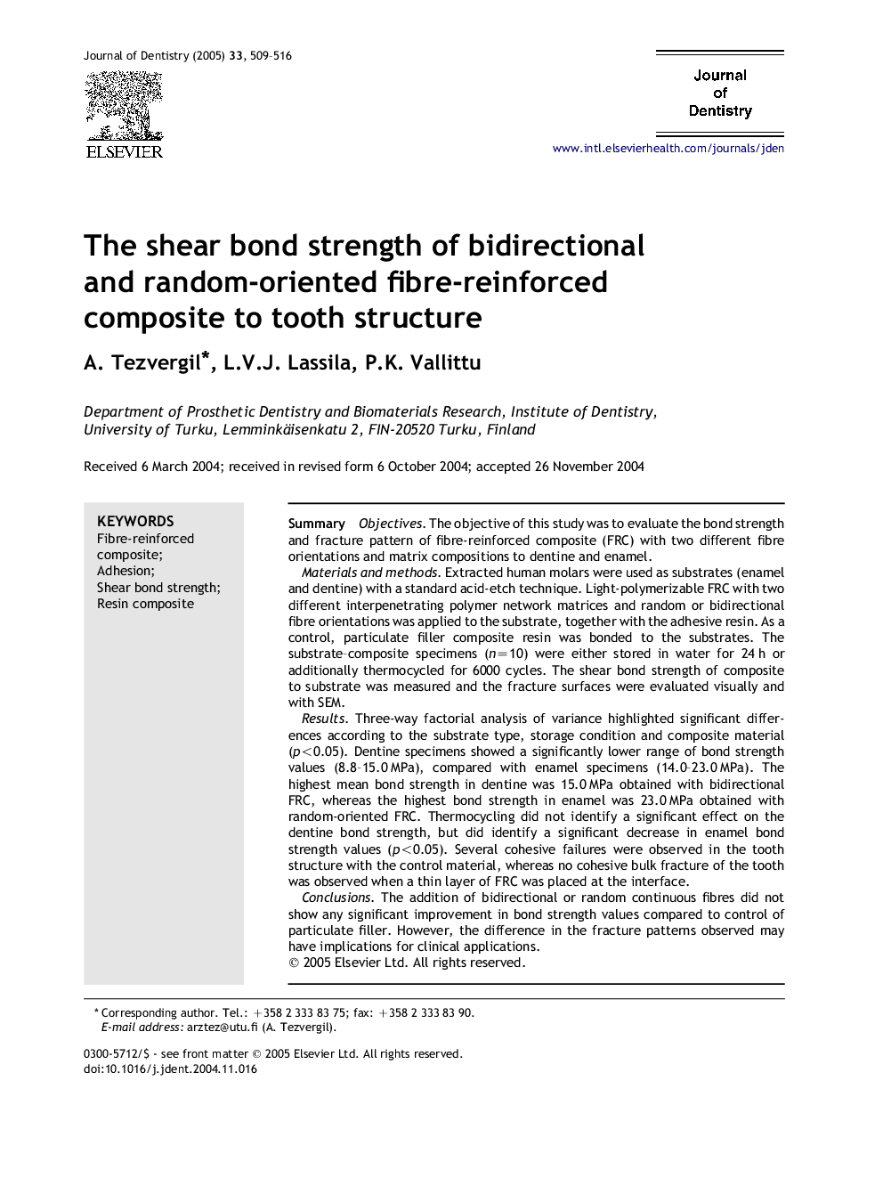 The shear bond strength of bidirectional and random-oriented fibre-reinforced composite to tooth structure