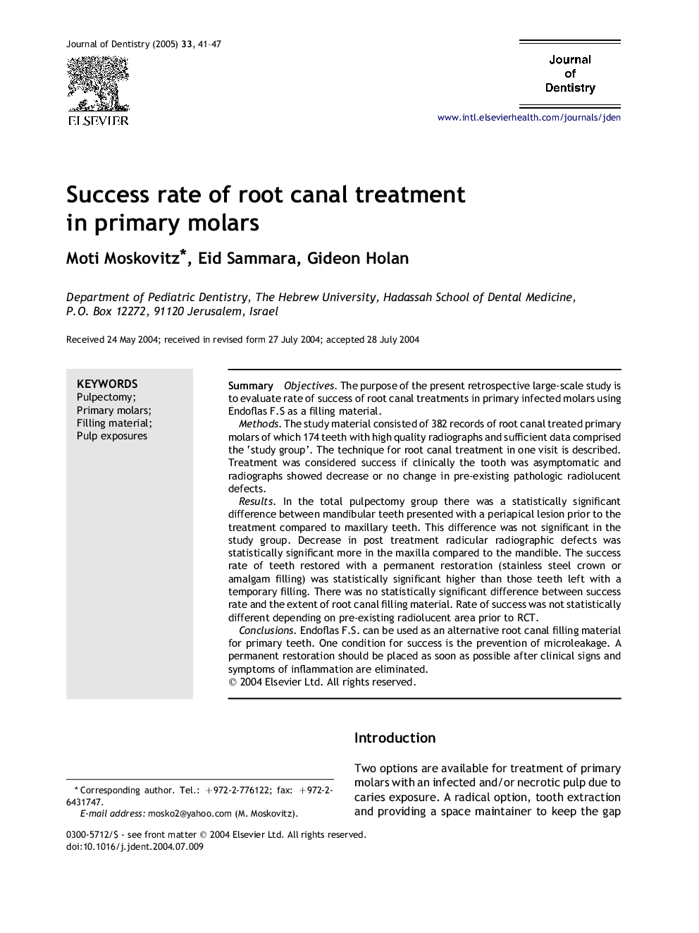 Success rate of root canal treatment in primary molars