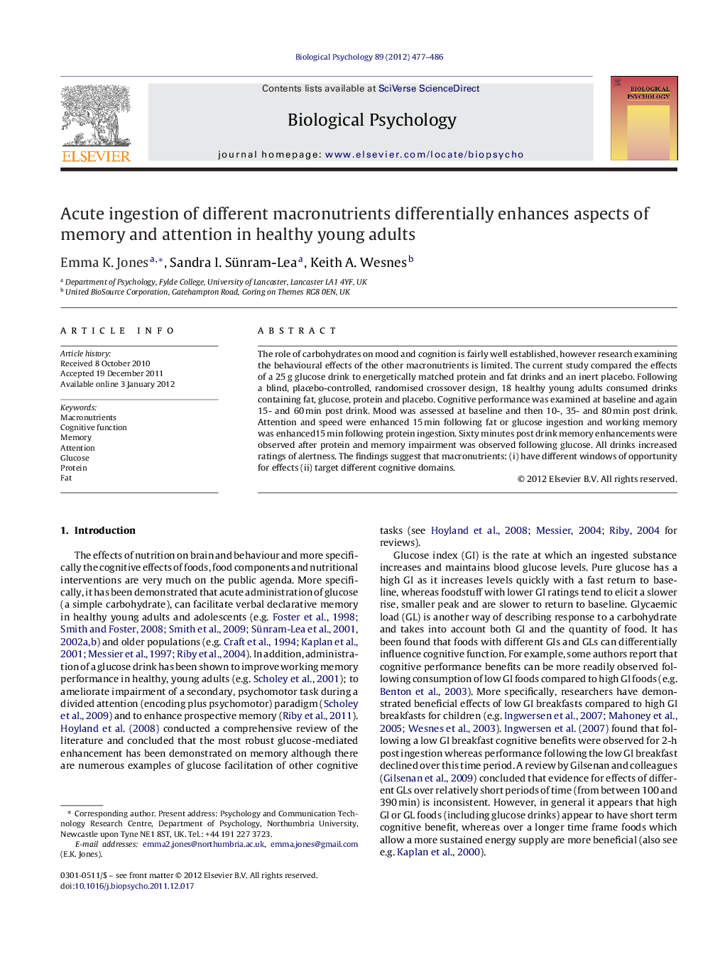 Acute ingestion of different macronutrients differentially enhances aspects of memory and attention in healthy young adults