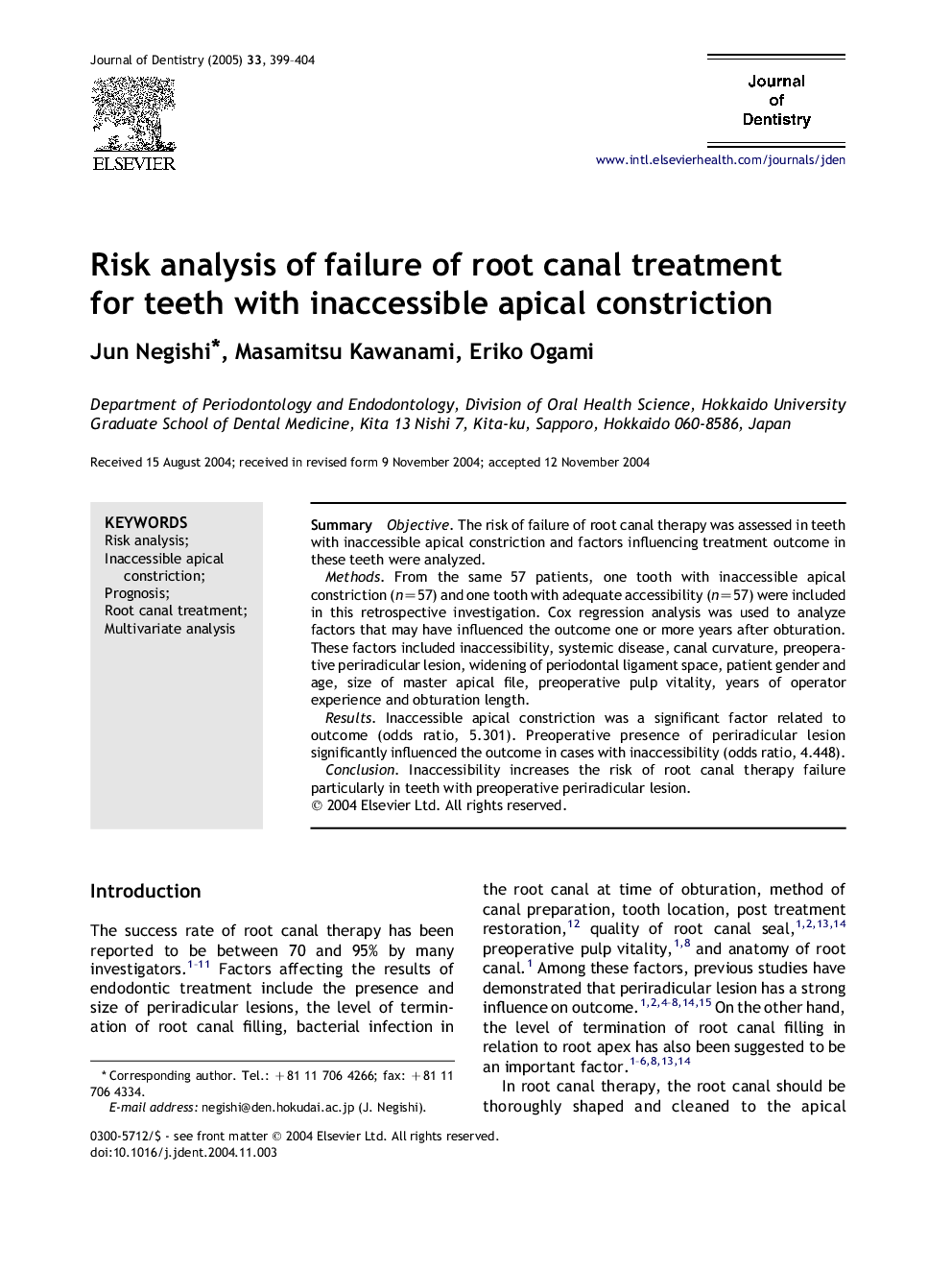 Risk analysis of failure of root canal treatment for teeth with inaccessible apical constriction