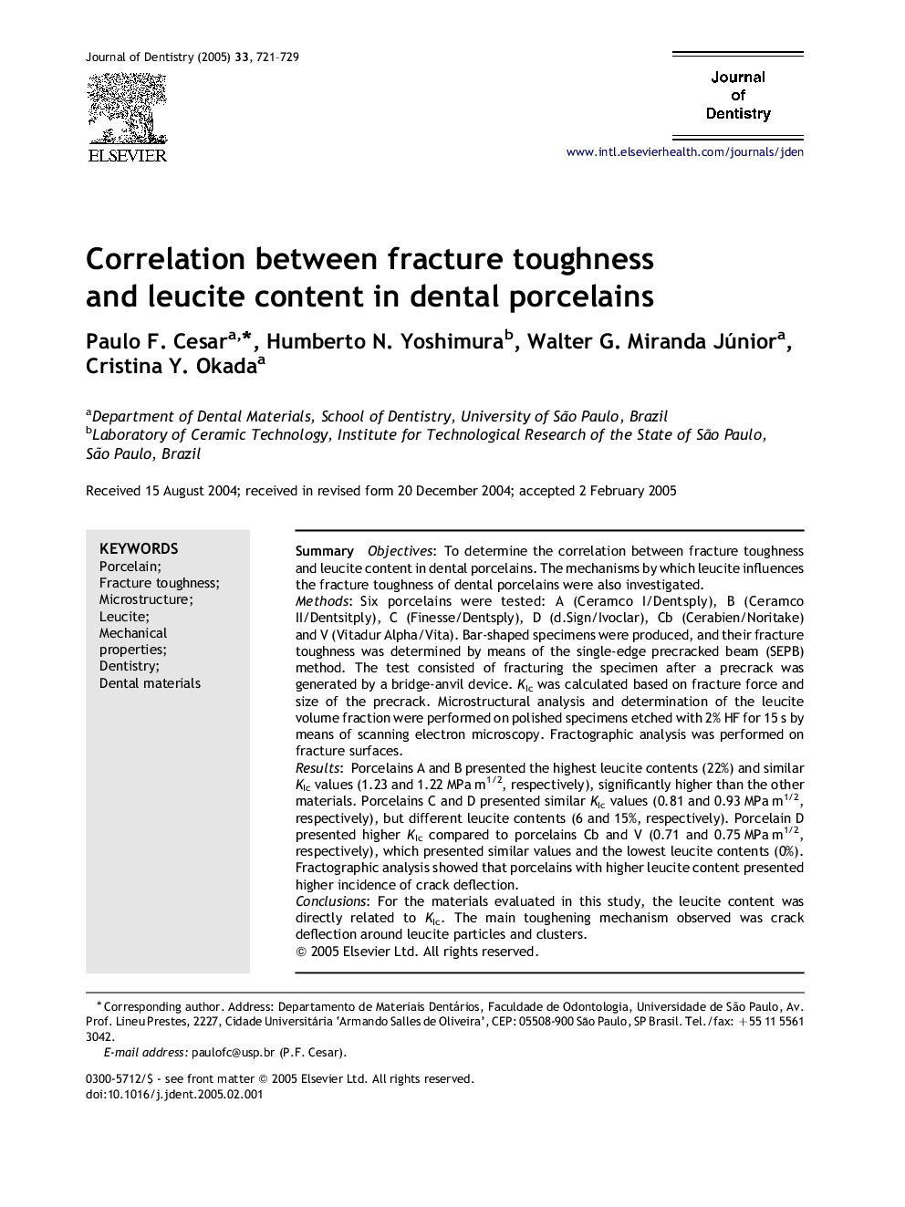 Correlation between fracture toughness and leucite content in dental porcelains